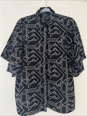 Lauren Ralph Lauren Geo Print Kimono Style Blouse Black White